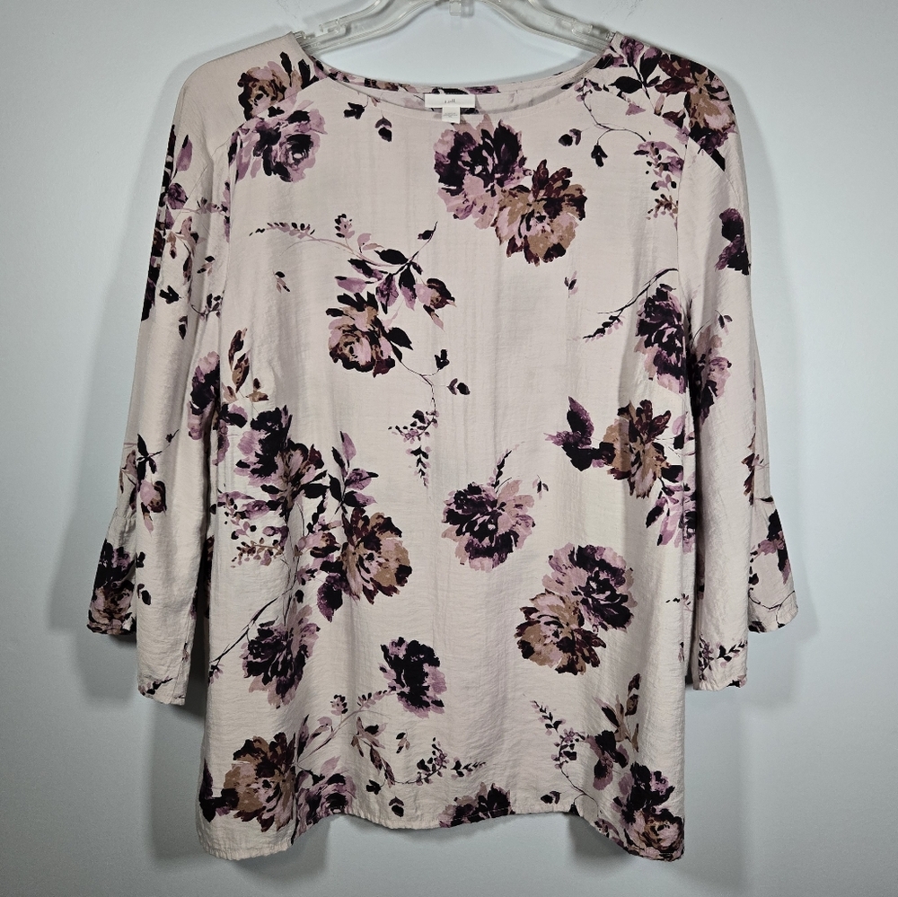 J Jill Purple‎ Floral Print Blouse Flowy Top Size XL Three Quarter Length Sleeve